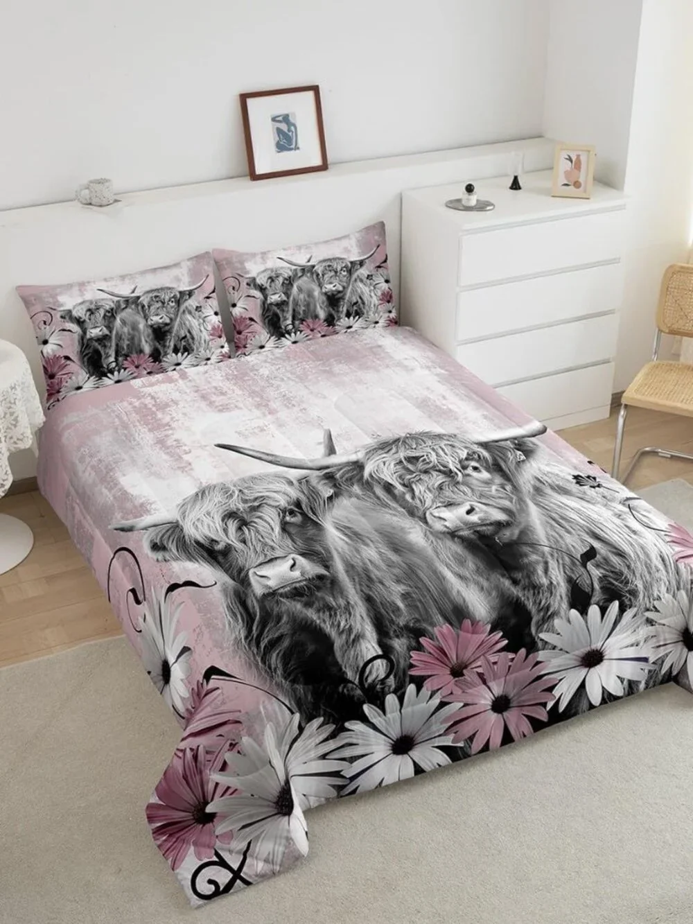 Highland Cow Twin Comforter Set,Western Longhorn Bull Bedding Sets,Pink Cowgirl